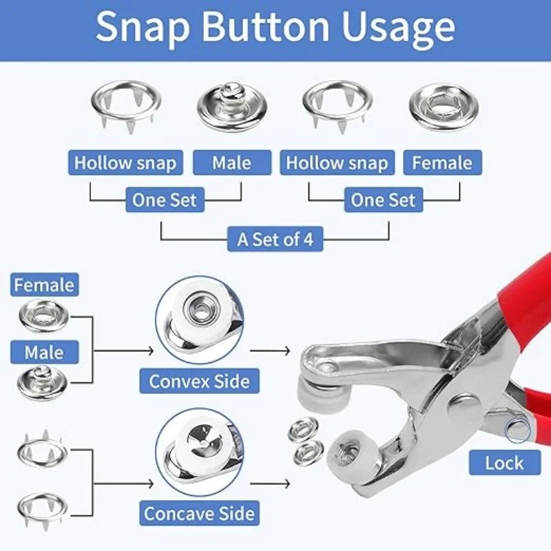 100 Sets 9.5mm Metal Snap Buttons with Plier Kit for DIY Sewing - 001001