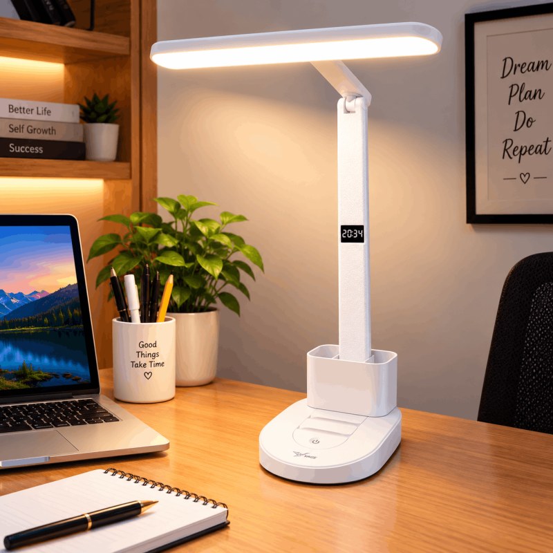 LED Desk Lamp with Digital Clock, Dimmable Eye-Caring Light, Pen Holder & USB Rechargeable Study Lamp -001000